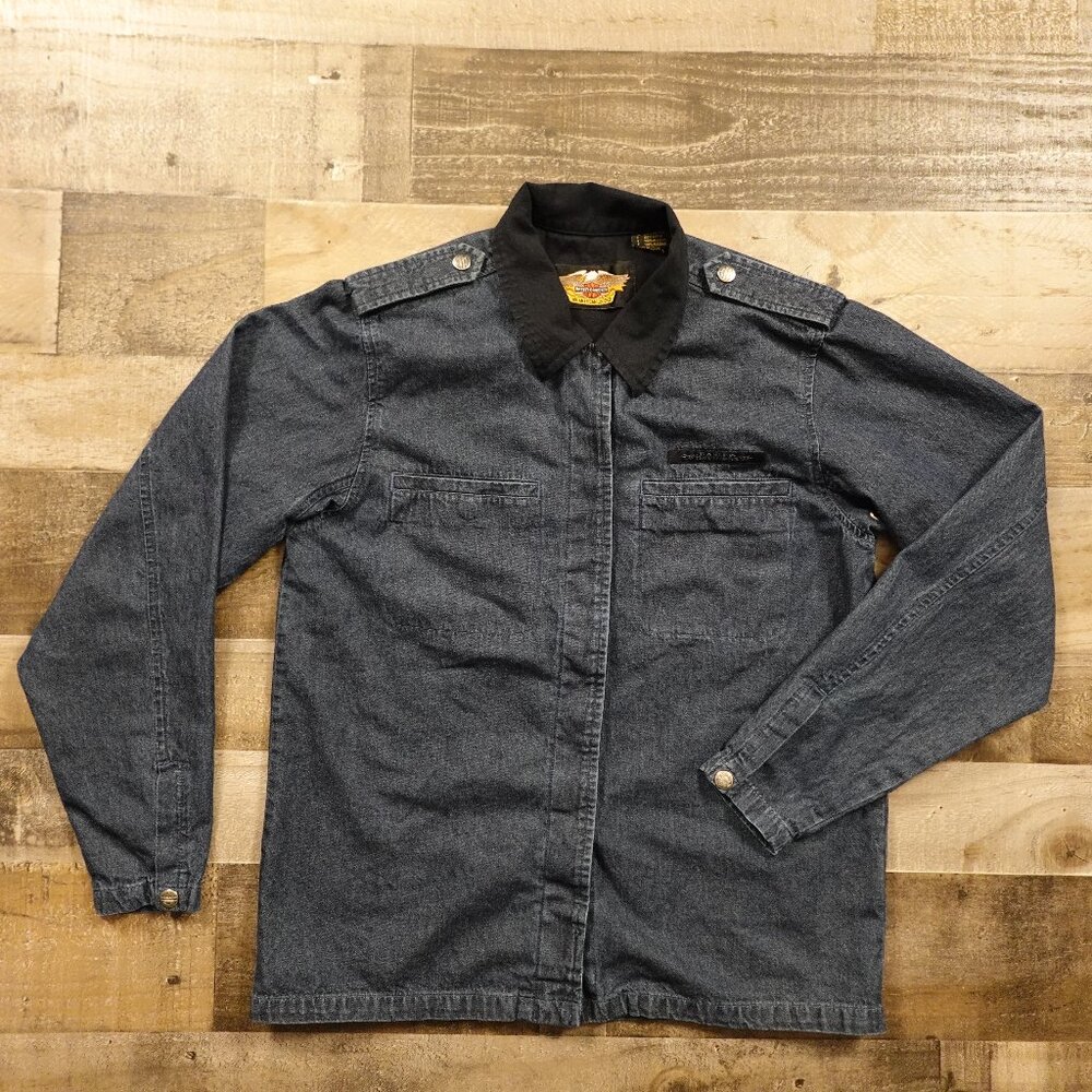 Harley-Davidson Denim Shirt Jacket Men’s‎ Medium Dark Blue Black Cotton